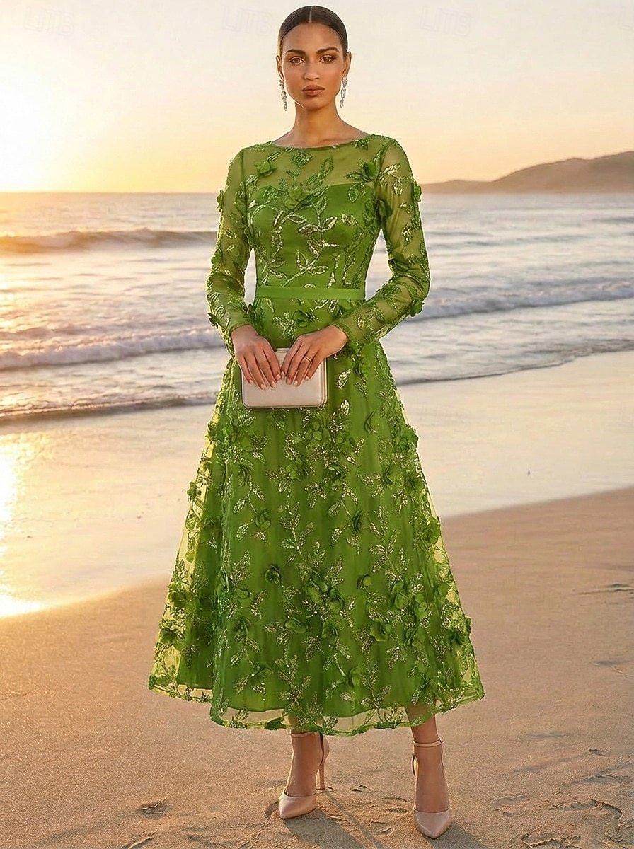 A-Line Dress Ankle Length Cocktail Dress Wedding Guest Dress Mother of the Bride Dress Long Sleeve V Neck Elegant Luxurious Casual Formal Wedding Guest Kentucky Derby Lace Tulle with 3D Flowers 2026 - $171.99 –P3