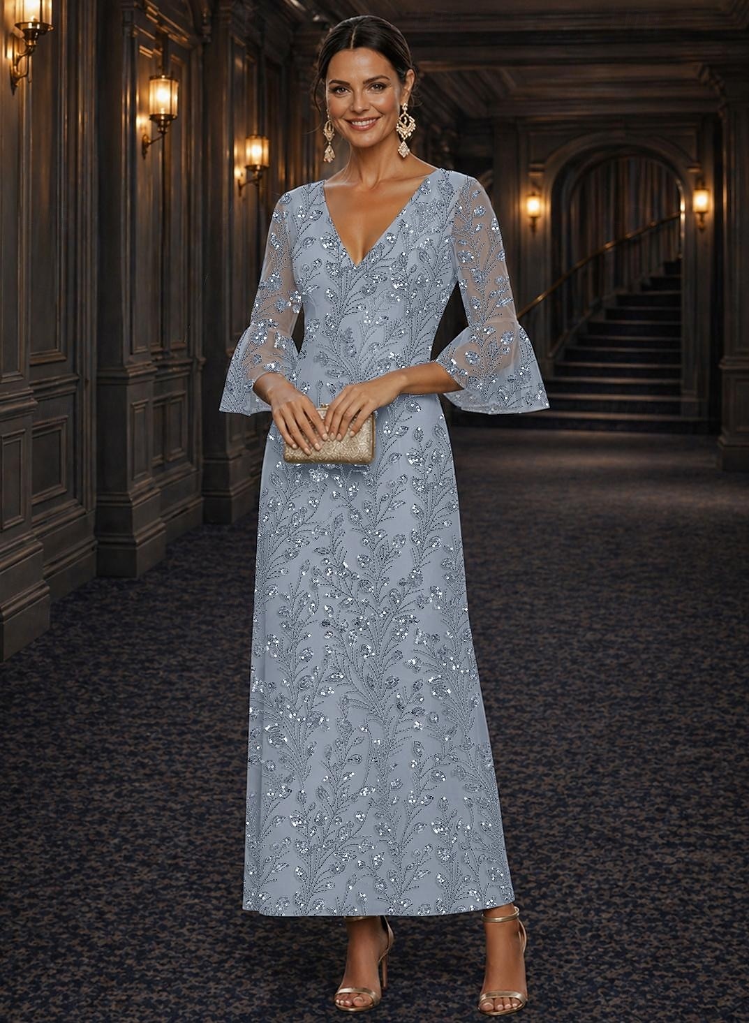 Linha A Vestidos Longo Até o Tornozelo Vestido Coquetel Vestido Para Mãe dos Noivos Manga Longa Decote V Elegante Luxuoso Brilho & Glitter Formal Convidado do casamento Semi formal Renda com Miçangas de 2026 por $108.49 –P5