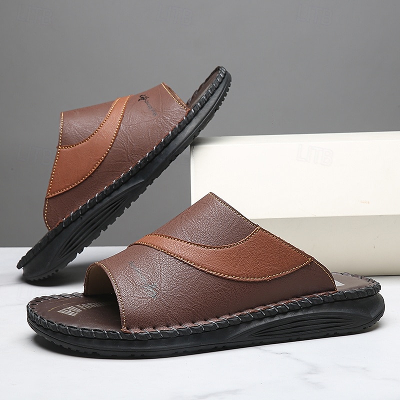 Sandálias masculinas bicolor pretas e brancas, modelo slide, com bico aberto, costuradas à mão, confortáveis e casuais para o verão, ideais para uso diário, férias, em casa e momentos de lazer ao ar livre. de 2026 por $34.99 –P6