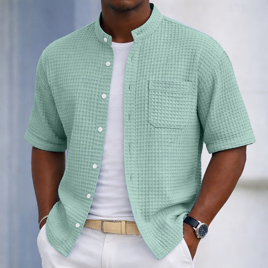Men's Shirt Waffle Shirt Casual Shirt Button Up Shirt Black Light Green Navy Blue Purple Military Green Short Sleeve Plain Grandad Collar Casual Daily Front Pocket Clothing Apparel Elegant Fashion 2026 - $28.99 –P2