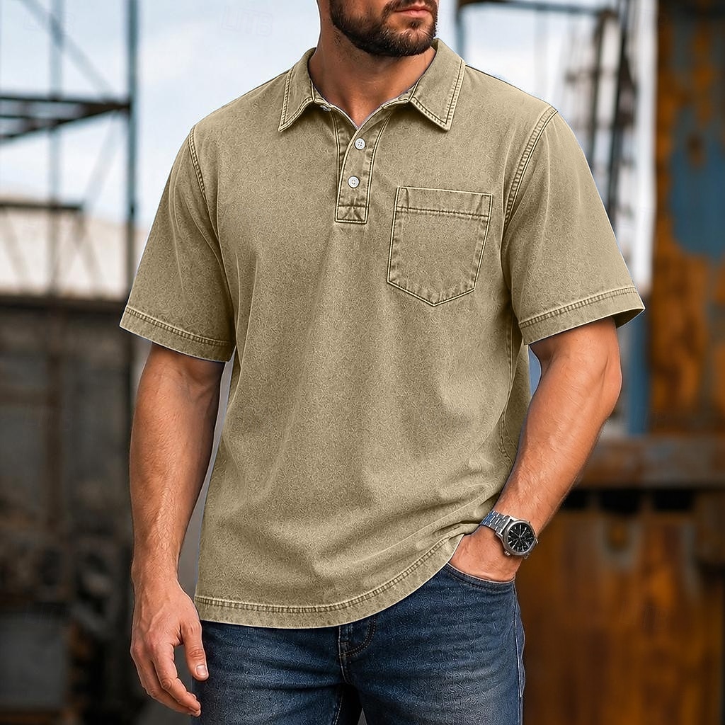 SoftFade™ Men's Polo Shirts 100% Cotton Acid Wash Shirt Casual Holiday Lapel Short Sleeve Fashion Basic Plain Pocket Distressed Summer Spring All Seasons Dark Brown Black Light Green Pink Navy Blue 2026 - $33.99 –P12