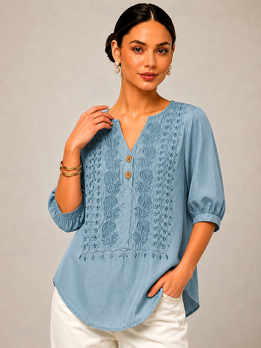 Per donna Camicia Top con cuciture in pizzo Ricamato Floreale Elegante Bohemien Etnico Manica 3/4 Scollo a V Top lunghi Casuale Quotidiano Uscire Blu Arancione Verde Primavera Autunno del 2026 a $24.99 –P4