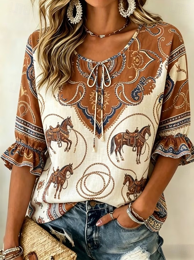 Per donna Camicia Grafico Geometrico Paisley Bohemien Vacanza Vintage Manica Lunga Scollo a V Top Regolari Casuale Quotidiano Ferie Cachi Estate Primavera del 2026 a $26.99 –P1