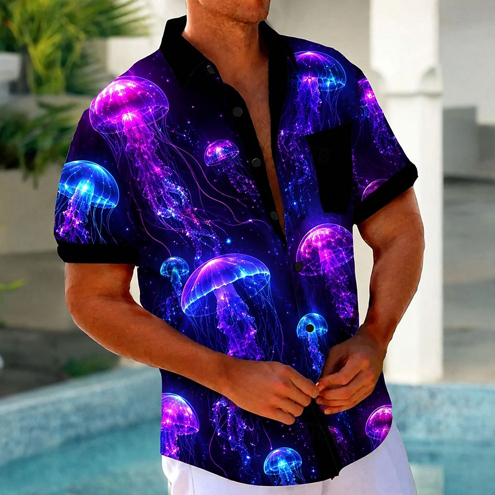 Herr Manet Havsvarelser Neonljus Skjorta Hawaii skjorta Tropiska skjortor Kortärmad Hawaiisk Strandsemester Sommar Vår Nedvikt 3D-utskrift Främre en ficka Skjortor med knappar Blå Violett Orange Grön 2026 - $25.99 –P3