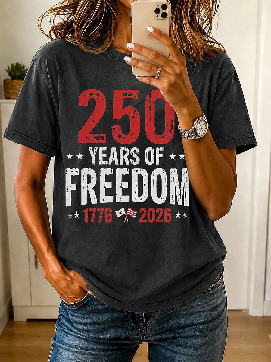 American Independence Day Women's T Shirt Print Graphic Letter Vintage Fashion Stylish Short Sleeve Crew Neck Regular Tops Casual Daily Blue Khaki Green Gray Summer Spring 2026 - $33.99 –P2