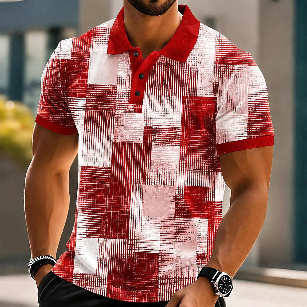 Per uomo Blocco di colori Geometrico Polo Manica Corta Magliette polo Camicie con Colletto Casual Athleisure Stampa 3D Bottoni Primavera & Estate Blu Nero Rosso del 2026 a $22.99 –P2
