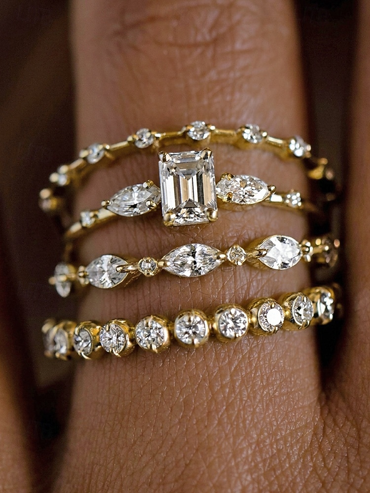 Conjunto de 4 anéis de cristal empilháveis para mulheres, estilo boho, banhados a ouro/prata, joias elegantes para praia e uso diário. &roupa de festa de 2026 por $11.99 –P2