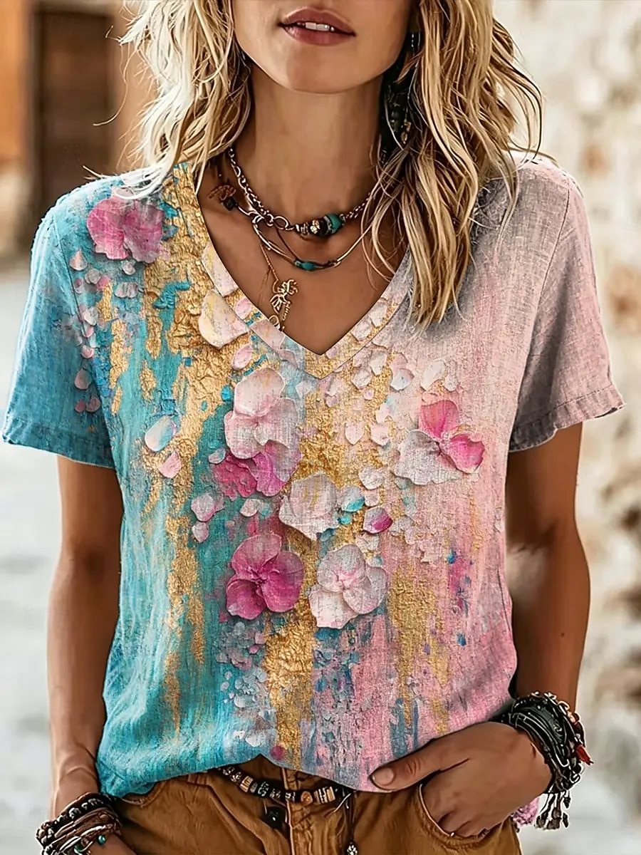 Women's T Shirt Print Floral Graphic Stylish Classic Casual Short Sleeve V Neck Regular Tops Casual Daily Blue Pink Orange Summer Spring 2026 - $21.99 –P3