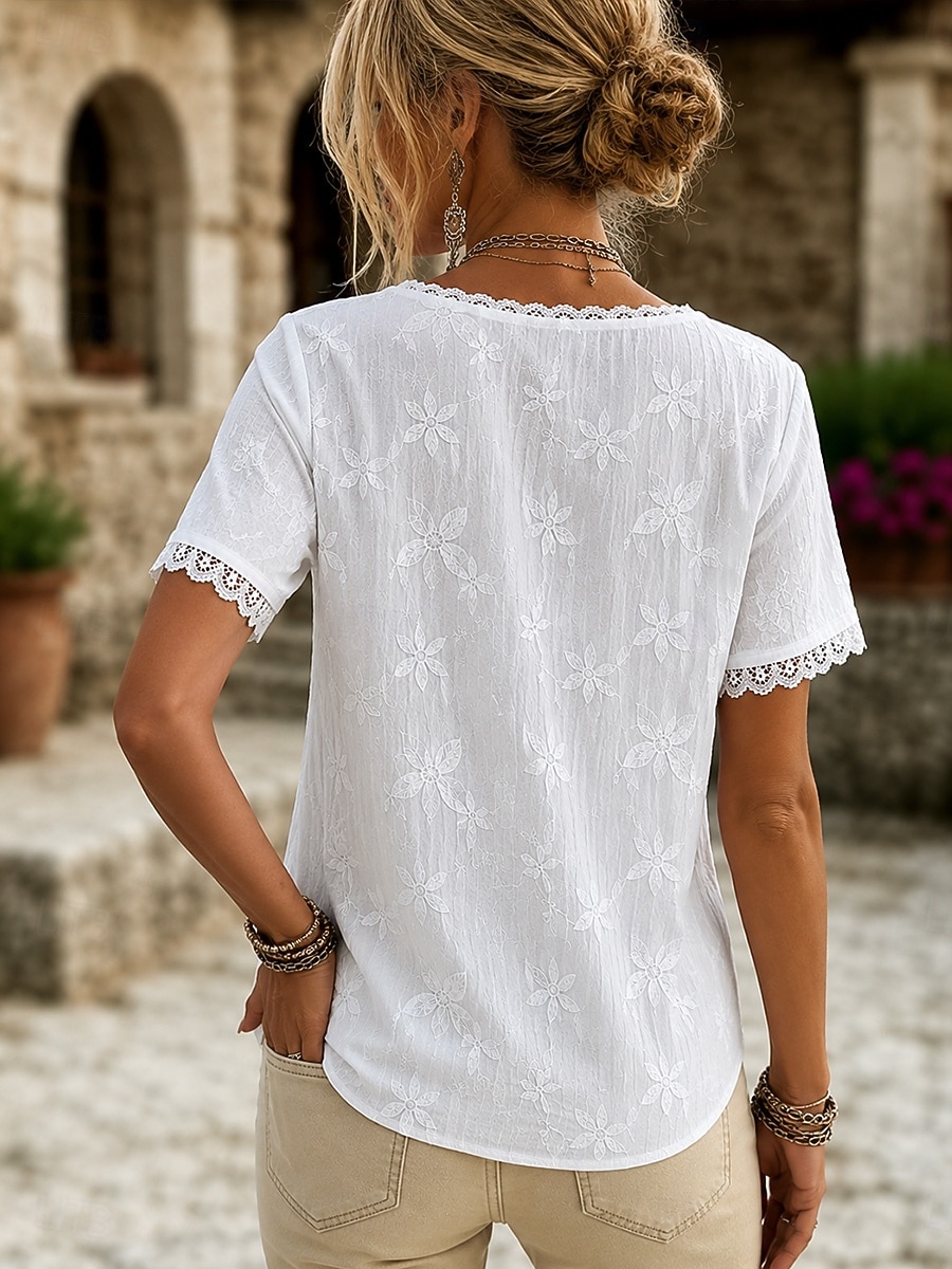 Dame Skjorte Helfarge Nyanse Blomstret Elegant Bohem Ferie Kortermet V-hals Lange topper Avslappet Hvit Sommer Vår 2026 - $31.99 –P4