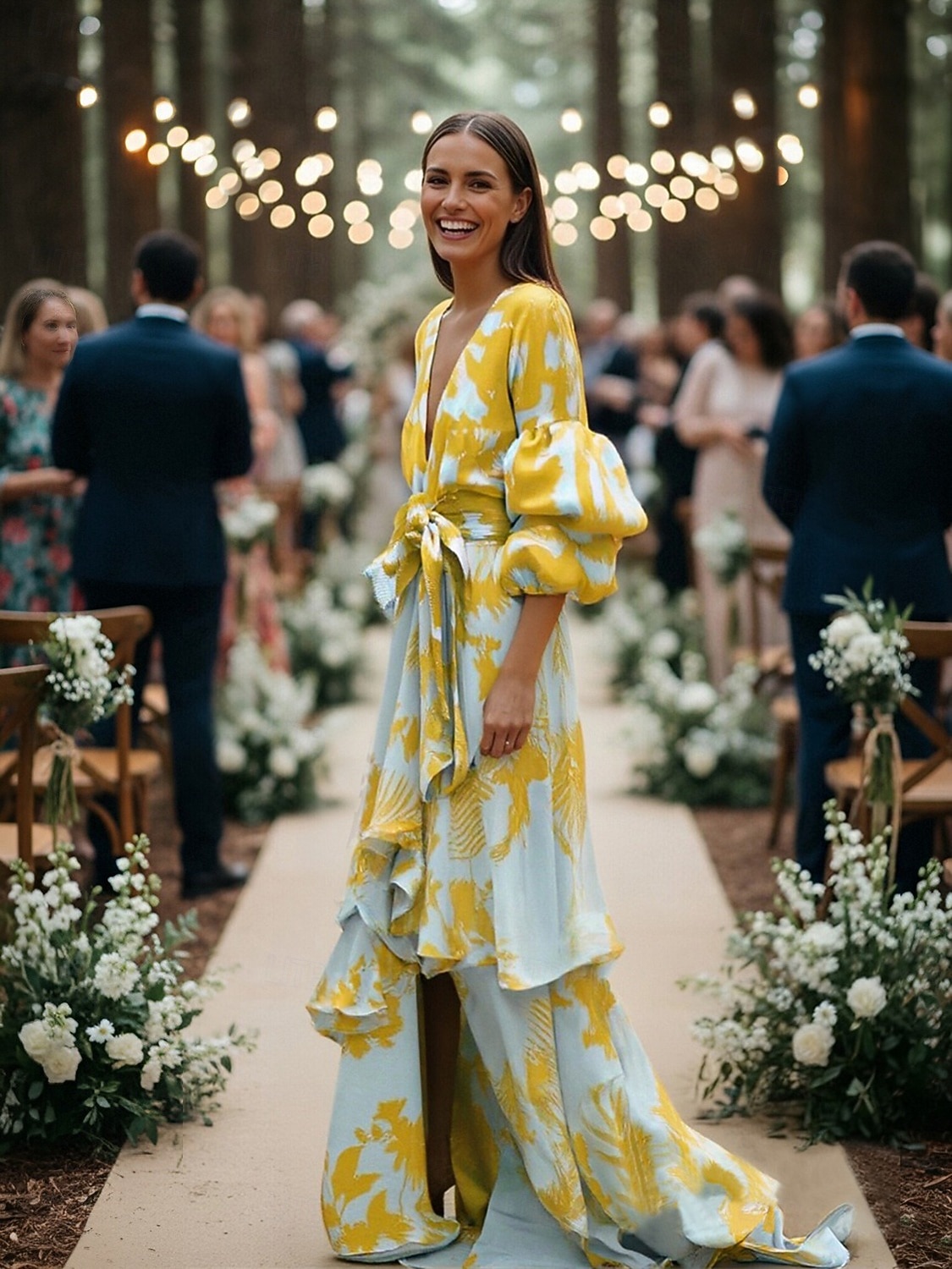 Vestido de Convidada de Casamento em Comprimento de Chão com Mangas Longas e Decote em V Vestido de Mãe da Noiva Vestido de Festa com Estampa de 2026 por $91.99 –P6