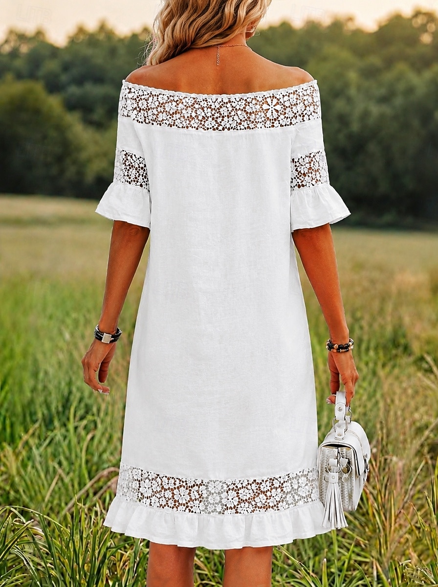 Per donna Abito al ginocchio Abito in Pizzo Abito Bianco Elegante Moda Spiaggia Vacanza Ferie Vestibilità regolare Floreale Mezza Manica Senza Spalle Bianco Estate Primavera del 2026 a $22.99 –P3