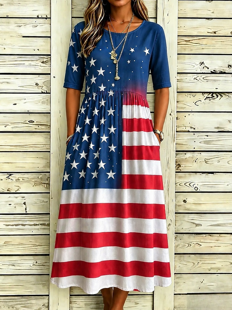 Amerikaanse onafhankelijkheidsdag Dames Halflange jurk Hemdjurk Vakantie Casual Feestdagen Normale pasvorm Grafisch Vlag Halve mouw Strakke ronde hals blauw Rood Zomer Lente 2026 - $33.99 –P1