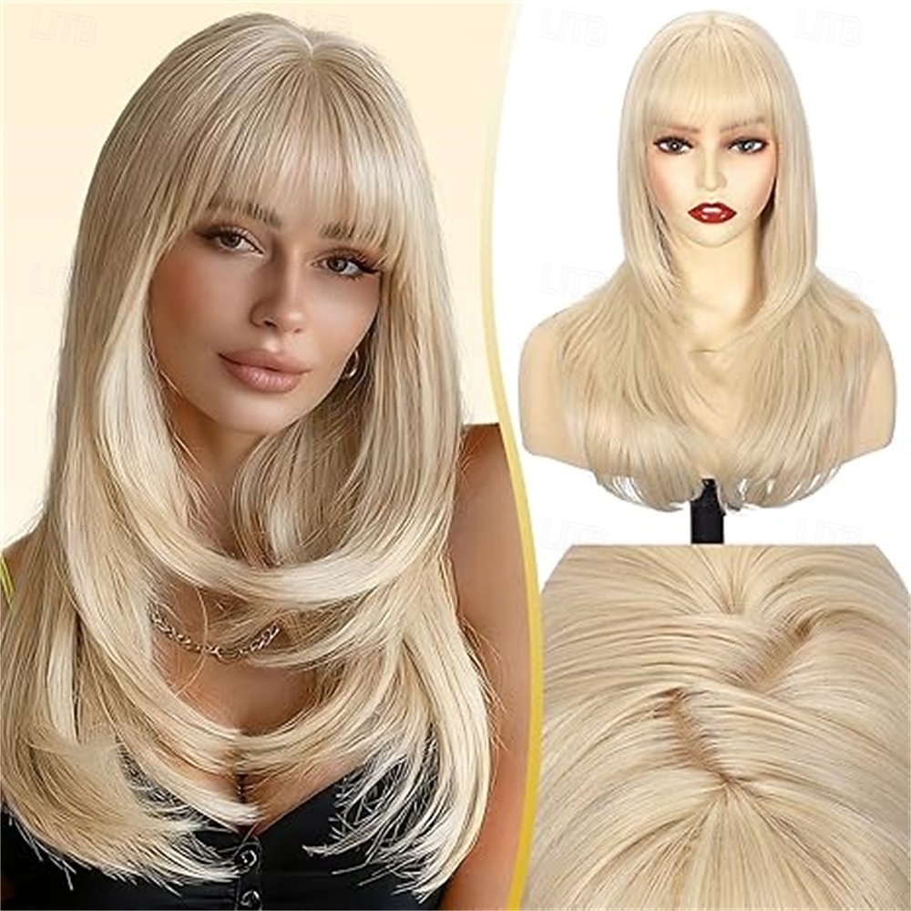 Straight Layered Wig with Bangs Realistic Scalp Heat Resistant Synthetic 20Inch Short Straight Bob Wigs with Bang for Women Synthetic Wig  main image 4