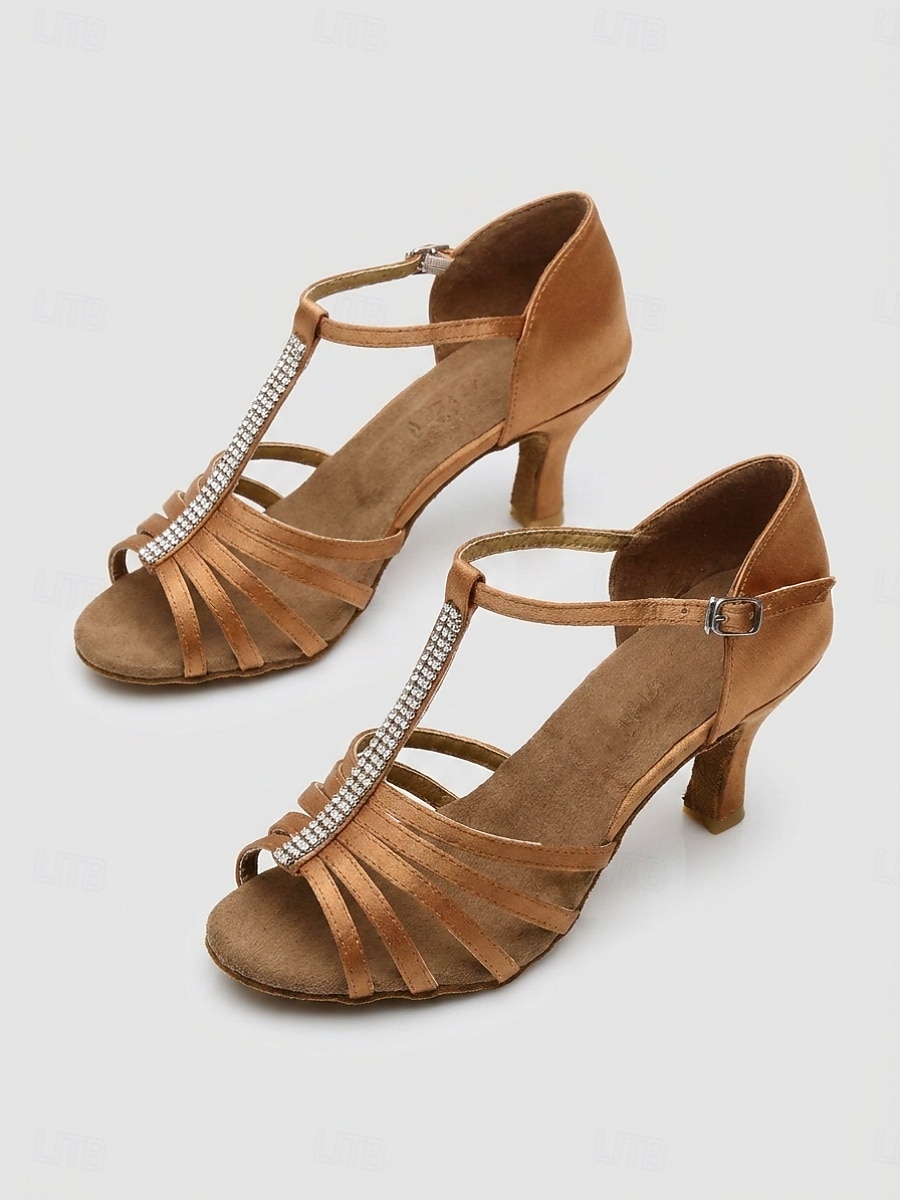 Women's Brown Rhinestone T-Strap Latin Dance Shoes - Elegant Peep Toe Heel Salsa & Tango Sandals with Faux Suede Sole for Dance Practice, Ballroom Performances & Social Events 2026 - $29.99 –P1