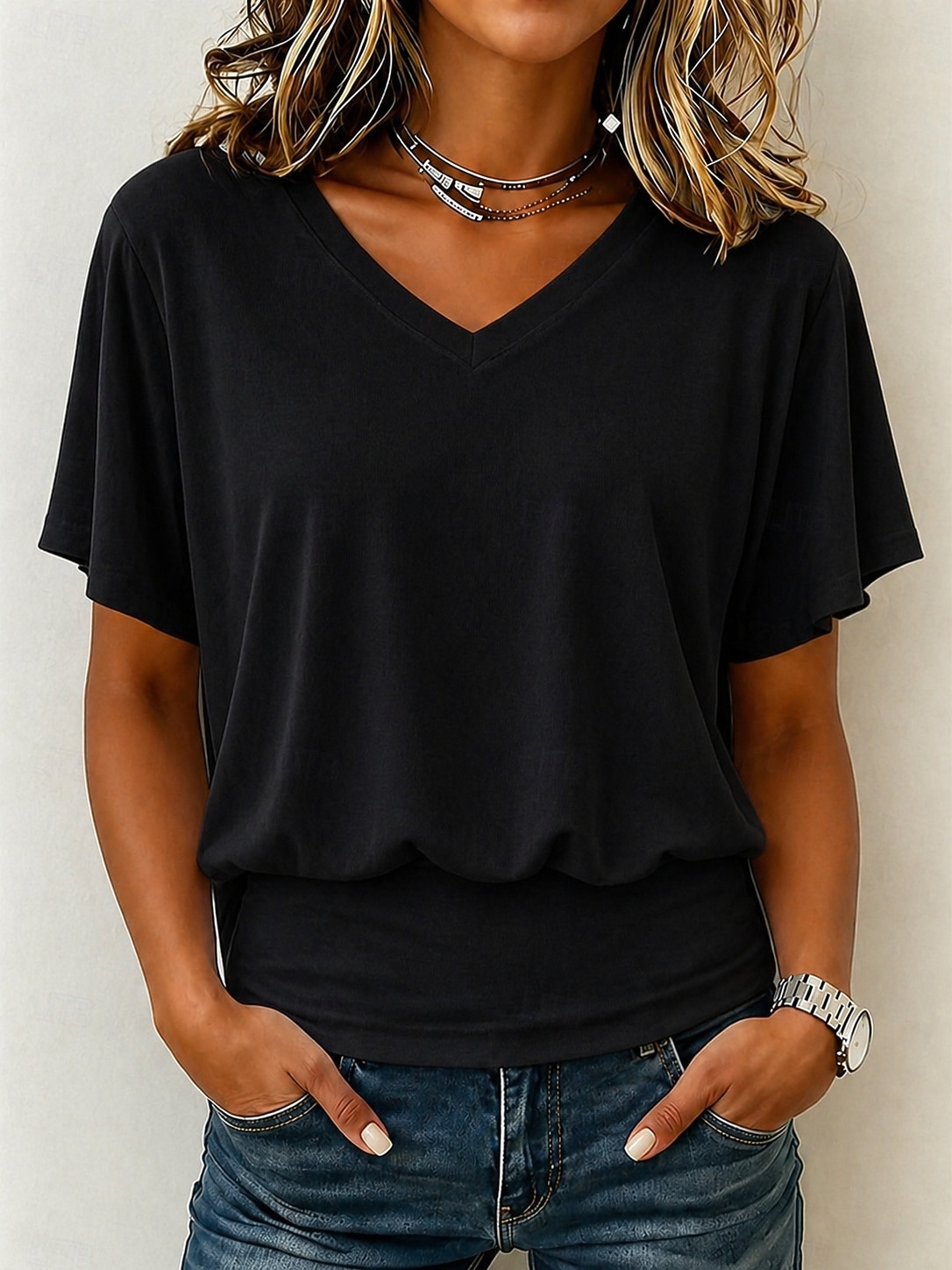 Femmes T-shirt Cordon de serrage Uni Mode Élégant Basique Manche Courte Col en V Hauts Réguliers Occasionnel Quotidien Sortir Noir Blanche Rose Claire Marron Été Printemps de 2026 ? $28.99 –P4