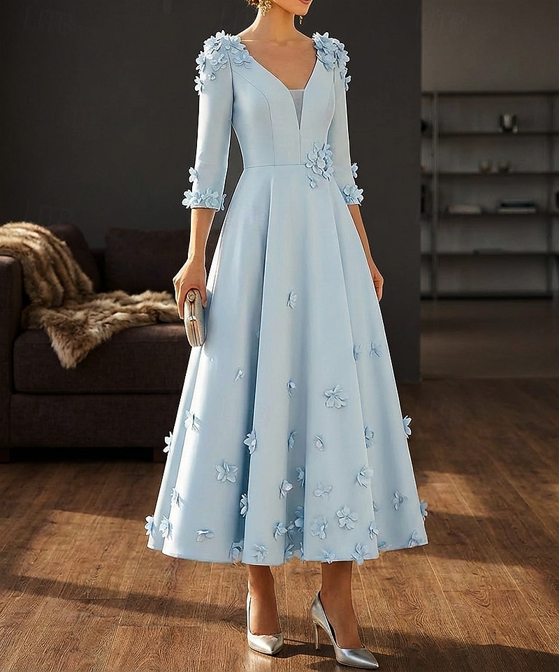 Linea ad A Lunghezza alla caviglia Lunghezza Tè Abito Formale Abiti da Cocktail Elegante Manica 3/4 Scollo a V Matrimonio Formale Raso con Fiori 3D del 2026 a $182.99 –P1