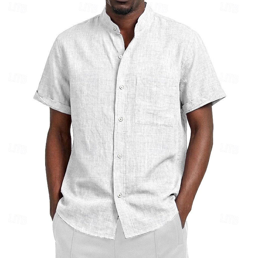 Voor heren Overhemd Linnen overhemd Zomer overhemd Strand Kleding Overhemd met bandkraag Overhemd met knopen Effen Kleur Casual Vakantie Zwart Wit Blozend Roze Oranje Korte mouw Mandarijn Kraag Zomer 2026 - $11.49 –P5