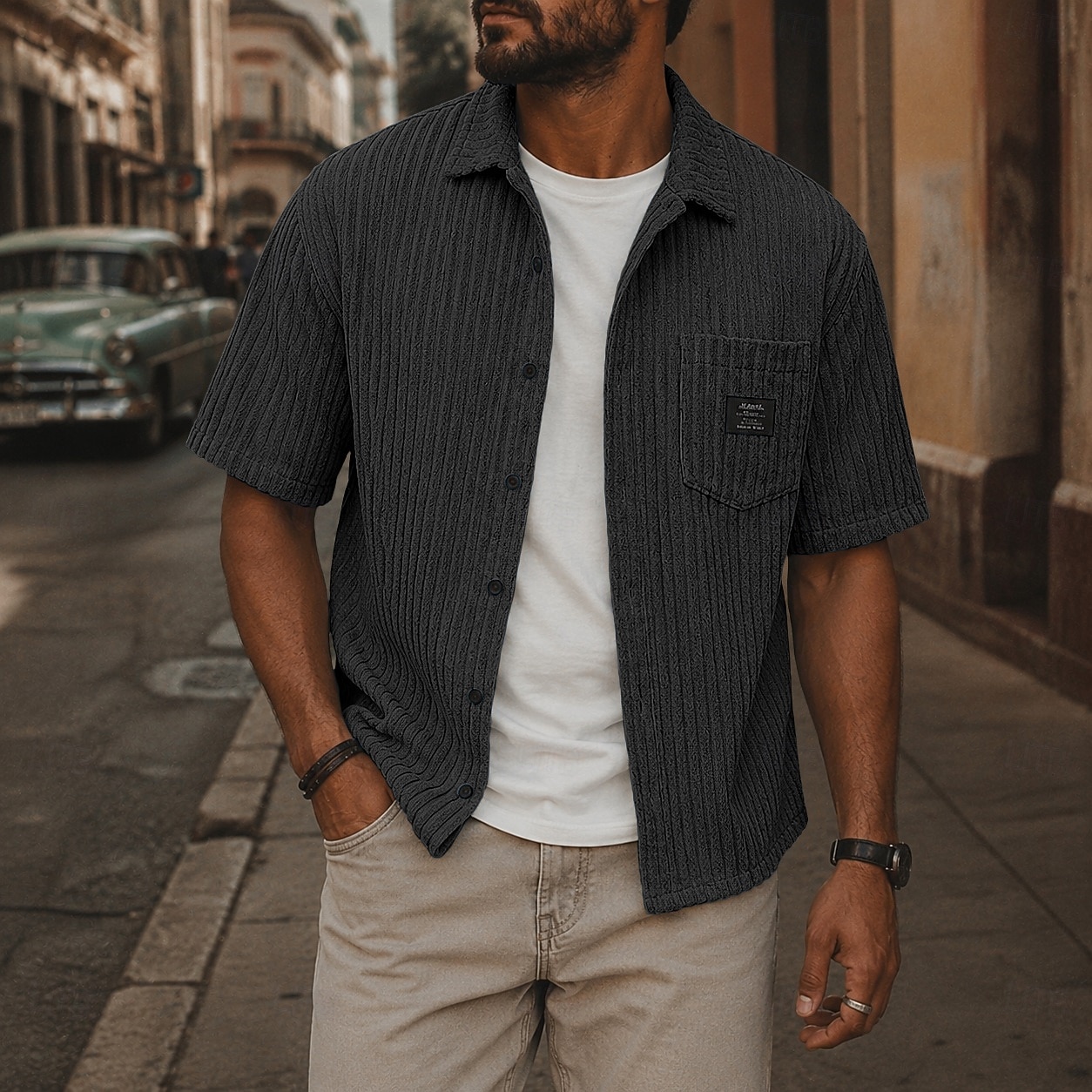 Hombre Camisa Camisa casual Camisa de Pana Abotonar la camisa Negro Blanco Azul claro Manga Corta Plano Tiras verticales Cuello Camisero Casual Diario Bolsillo delantero Ropa Elegante Moda Casual 2026 - $27.99 –P5