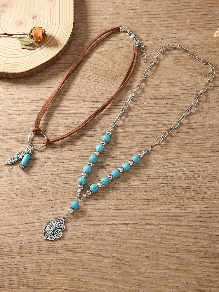 collana da donna bohémien a strati con perline turchesi, catena d'argento e piuma &Ciondolo a forma di fiore, cinturino in finta pelle scamosciata, casual e da vacanza del 2026 a $11.99 –P5