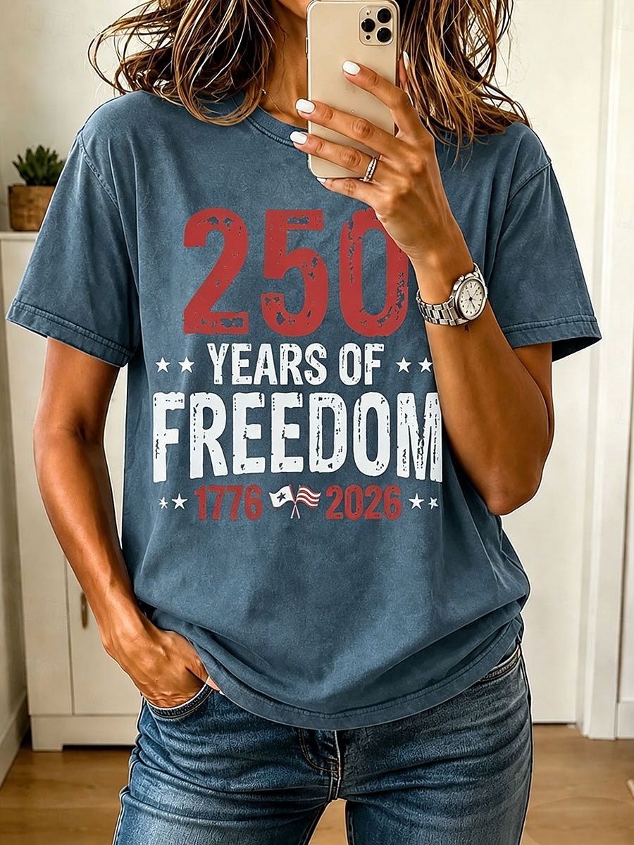 American Independence Day Women's T Shirt Print Graphic Letter Vintage Fashion Stylish Short Sleeve Crew Neck Regular Tops Casual Daily Blue Khaki Green Gray Summer Spring 2026 - $33.99 –P1