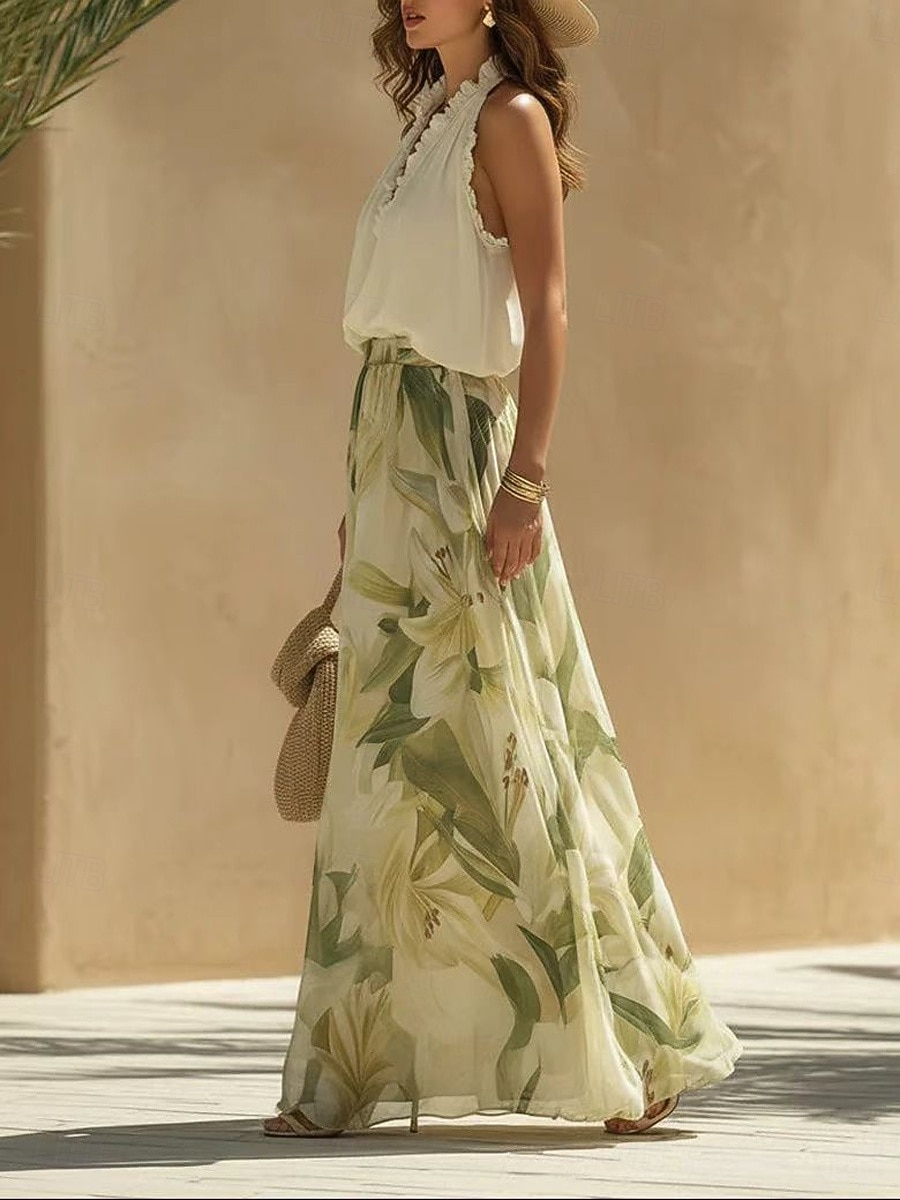 Dame Maxikjole Chiffonkjoler Kjolesett Floral kjole Elegant Mote Moderne Daglig Feriereise Helg Normal Blomstret Ermeløs Grimehals Grønn Sommer Vår 2026 - $41.99 –P2