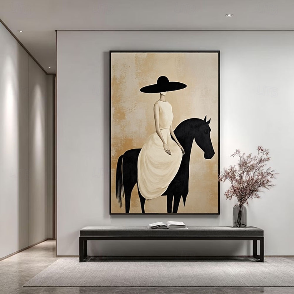 Minimalist Horse Rider Woman Canvas Black and White Wall Art Elegant ...
