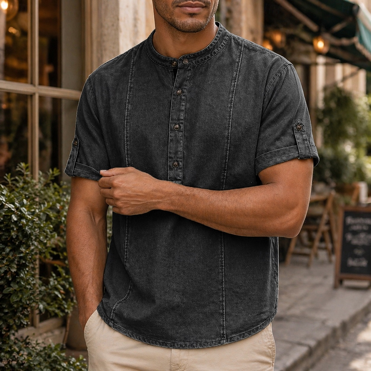 Herr Skjorta Popover skjorta Casual skjorta Färgade plagg Syratvättad skjorta Svart Marinblå Purpur Militärgrön Grå Kortärmad Slät farfars krage Ledigt Dagligen Kläder Elegant Mode Ledigt 2026 - $31.99 –P2