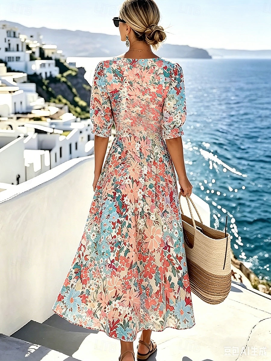 Women's Midi Dress Casual Dress A Line Dress Elegant Vacation Stylish Beach Holiday Regular Fit Floral Graphic Half Sleeve Crew Neck Blue Red Orange Summer Spring 2026 - $49.99 –P4