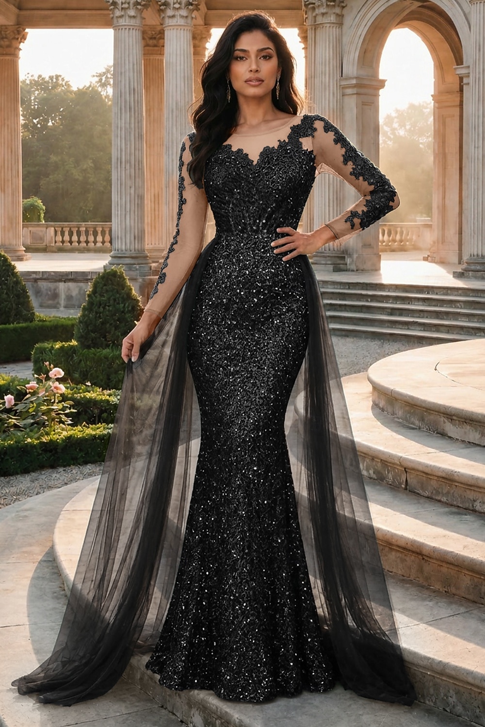 Corte Trompeta Sirena Hasta el Suelo Vestidos de noche Vestido de baile con sobrefalda Vestimenta formal Elegante Manga Larga Cuello Barco Fiesta de baile Fiesta de Noche Tul con Lentejuela 2026 - $114.99 –P11