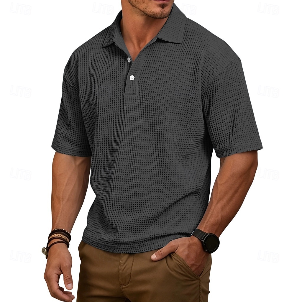 Homens Camisas Polo Waffle Textura Casual Rua Lapela Manga Curta Básico Moderno Tecido Leve Botões Verão Primavera Ajuste Largo Azul Preto Branco Verde Claro Vinho Azul Marinha Camisas Polo Waffle de 2026 por $21.99 –P3