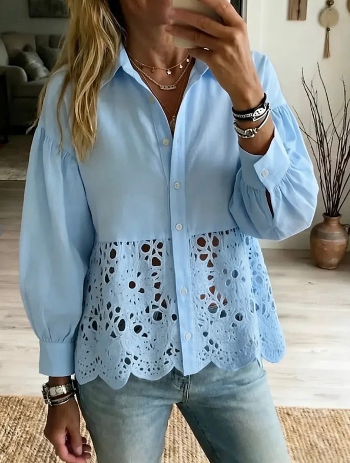 Per donna Camicia Pizzo Elegante Bohemien Vacanza Manica Lunga Top Regolari Casuale Quotidiano Ferie Blu Rosa Beige Estate Primavera del 2026 a $32.99 –P2