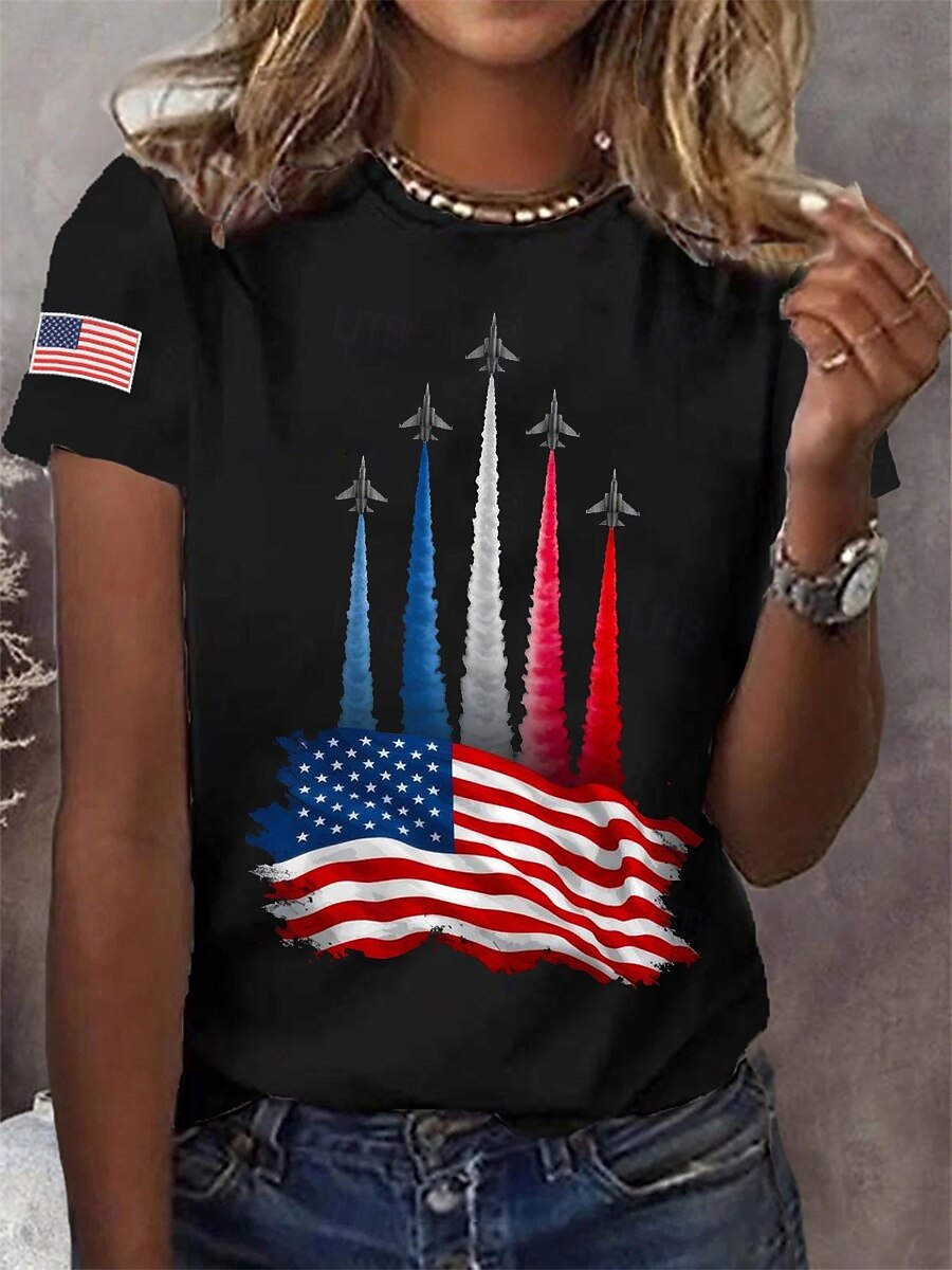 American Independence Day Women's T Shirt Print Graphic Flag Letter Vintage Fashion Stylish Short Sleeve Crew Neck Regular Tops Casual Daily Weekend Blue Black White Summer Spring Fall 2026 - $21.99 –P1