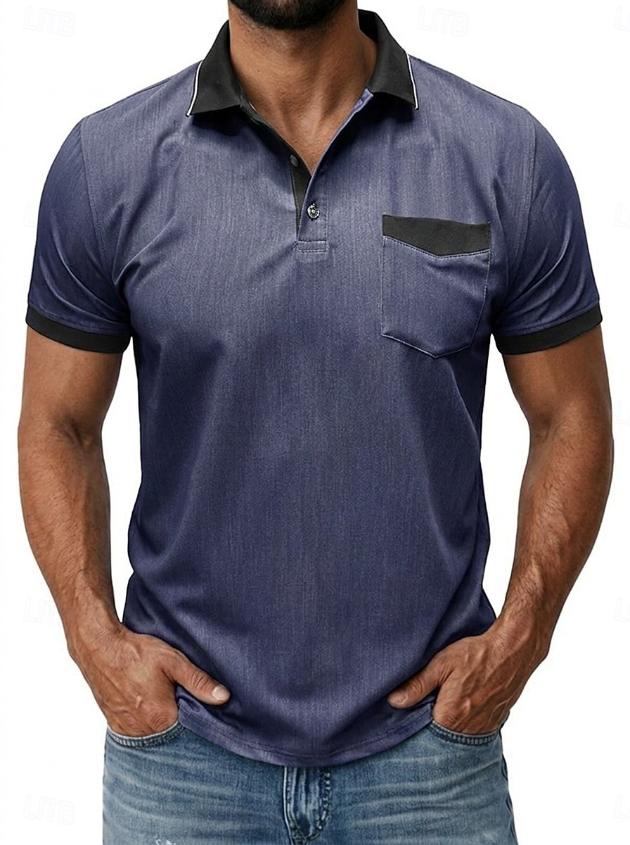 Bărbați Tricouri polo Camasa de blugi Casual Stradă Rever Guler polo cu nervuri Manșon scurt De Bază Modern Simplu Buzunar Bloc de Culoare Vară Primăvară Fit regulat Albastru piscină Negru 2026 - $29.99 –P11