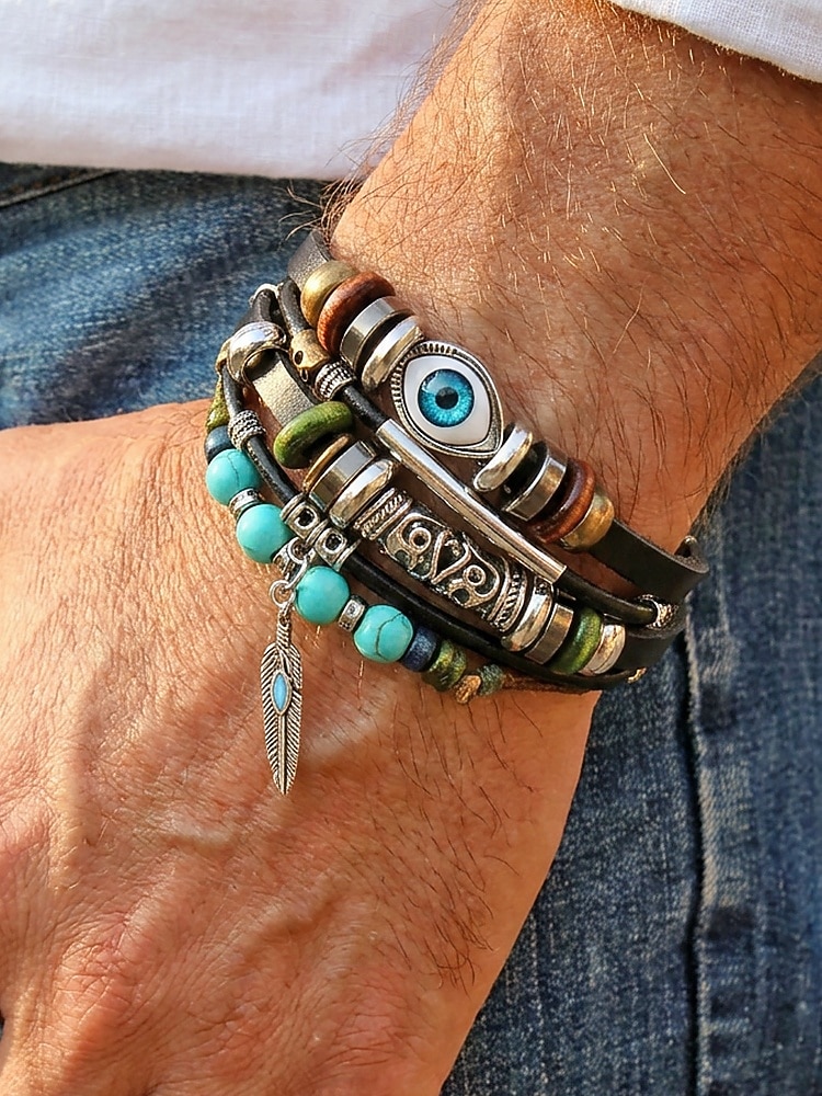 Σετ ανδρικών δερμάτινων βραχιολιών boho - πολυστρωματικό στοιβαζόμενο βραχιόλι με τυρκουάζ &γούρι με φτερά, ρυθμιζόμενο έθνικ πλεκτό ρούχο για καλοκαιρινές διακοπές στην παραλία &καθημερινή 2026 - $9.99 –P1