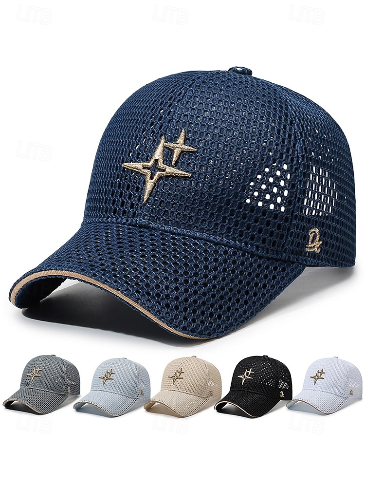 Heren mesh truckerpet - ademende polyester baseballpet met sterrenborduurwerk, verkrijgbaar in meerdere kleuren, verstelbare sluiting aan de achterkant voor buitenactiviteiten en reizen. &dagelijkse 2026 - $11.99 –P6