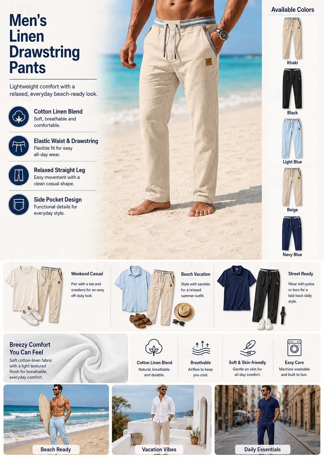 Men's Linen Pants Summer Pants Drawstring Elastic Waist Straight Leg Plain Comfort Breathable Full Length Casual Daily Beach Vacation Fashion Blue Black Inelastic 2026 - $33.99 –P2