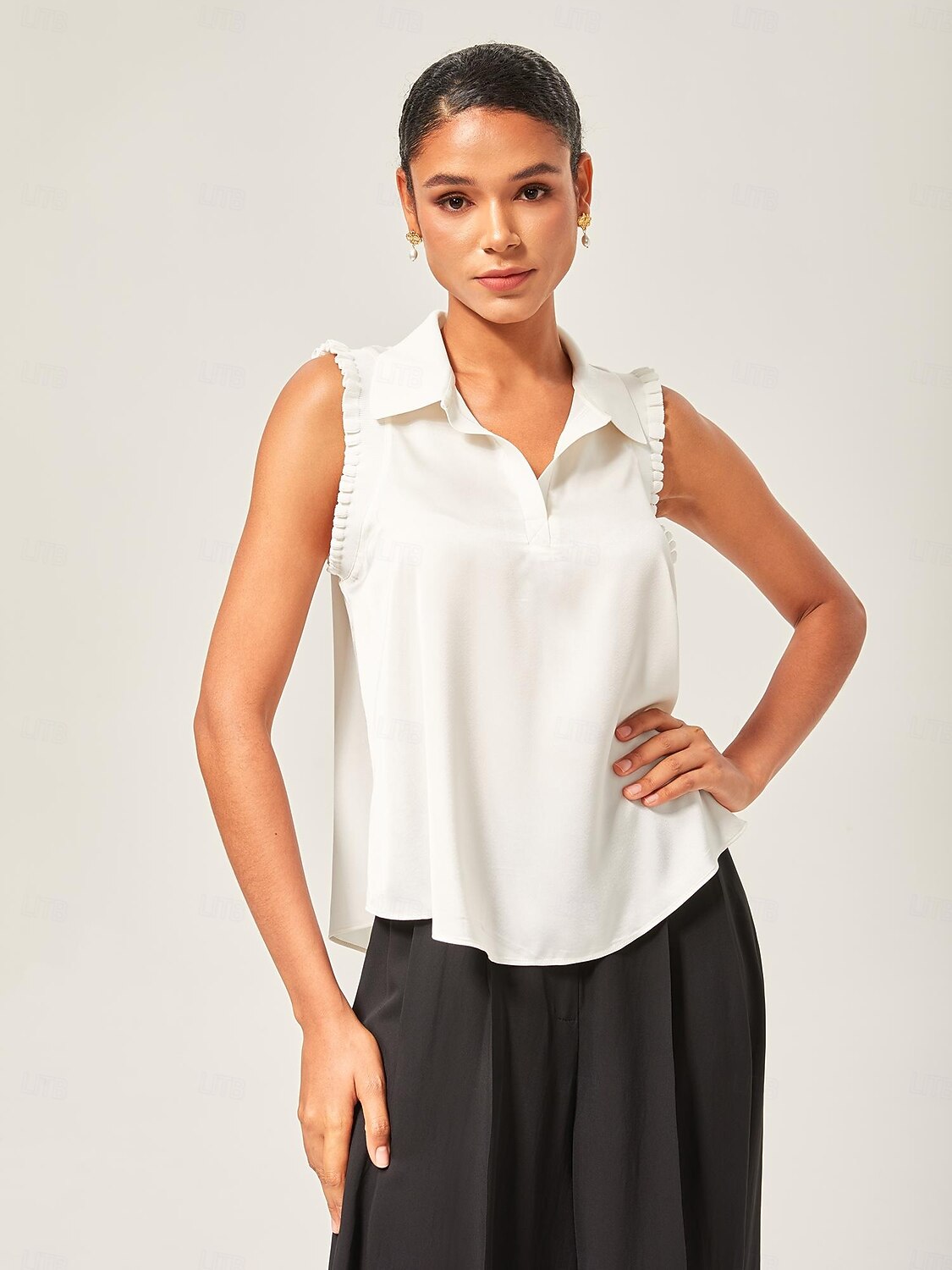 Femmes Chemisier Couleur Unie Travail Vacances Formel Sans manches Noir A Volants Col en V Sans manches Élégant Vacances Mode Col en V Été Printemps de 2026 ? $67.99 –P4