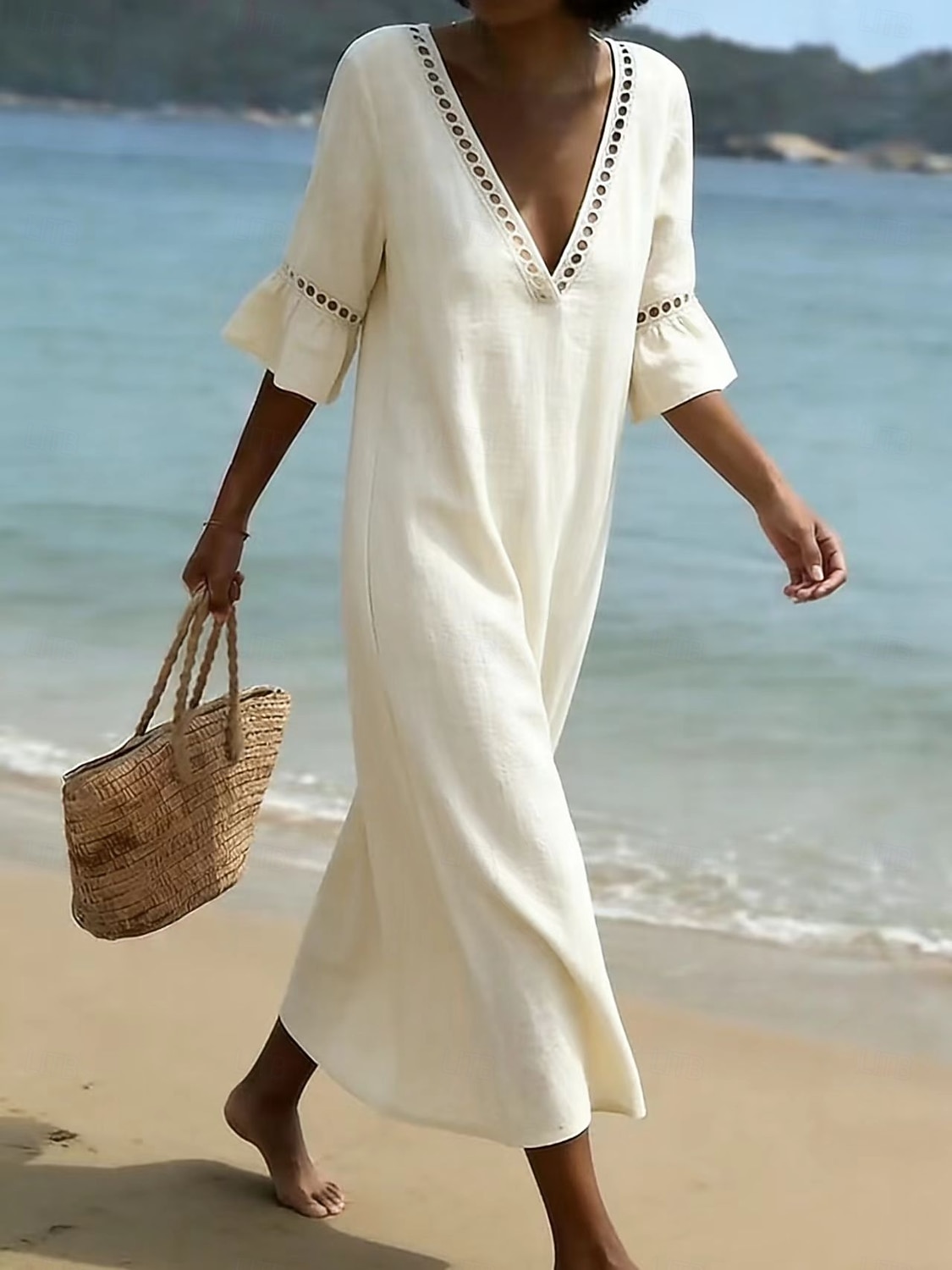 Mulheres Vestido midi Vestidos Para o Verão Elegante Férias Manga Princesa Praia Ajuste Largo Côr Sólida Meia Manga Decote mergulhador Azul Claro Branco Champanhe Verde Claro Verão Primavera de 2026 por $26.99 –P4
