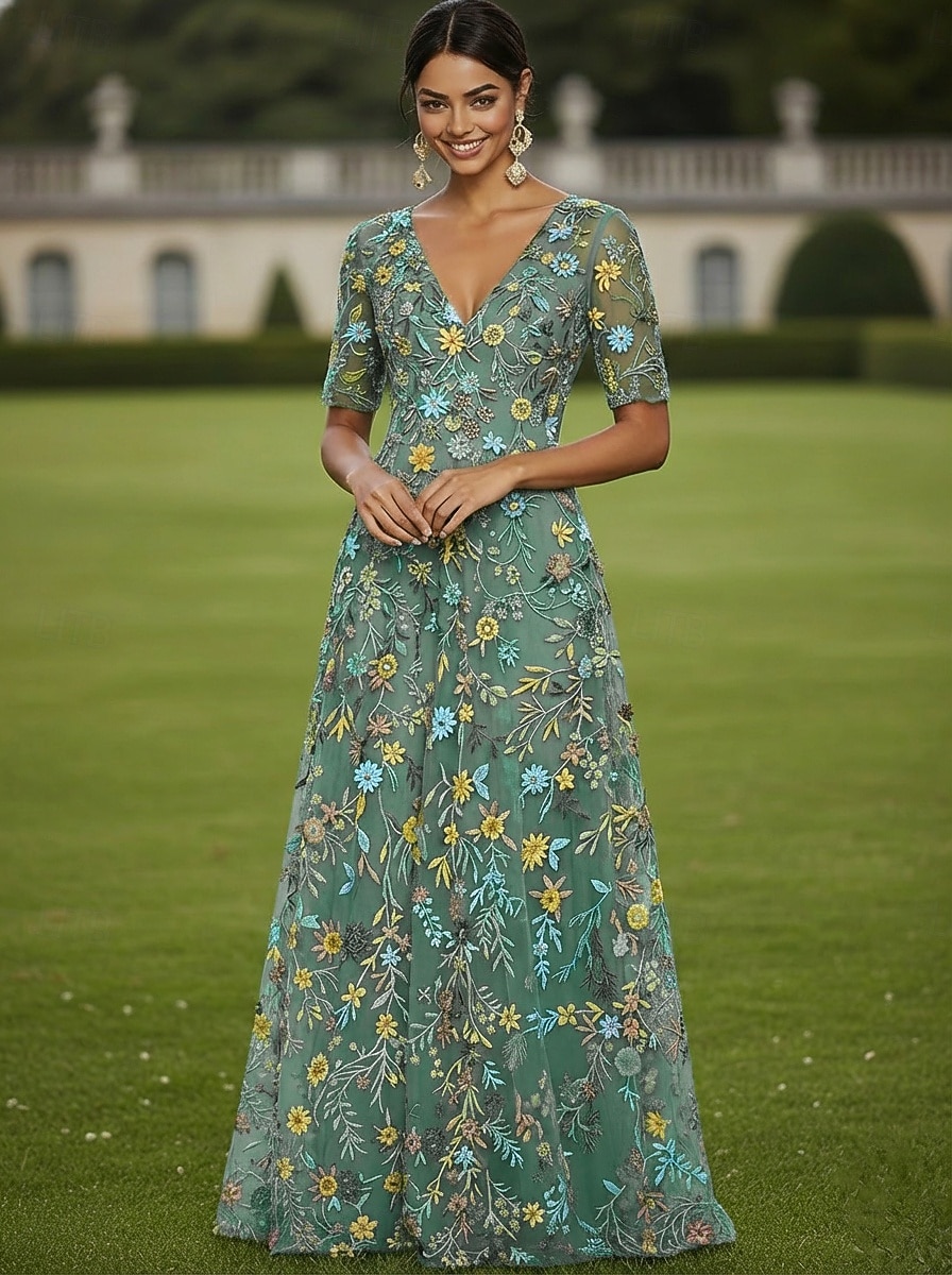 Corte A Vestidos Hasta el Suelo Vestido de Fiesta Vestido Cóctel Vestido de Madrina Media Manga Escote en Pico Elegante Vintage Lujoso Formal Invitado a la boda El derby de Kentucky Tul con Estampado 2026 - $182.99 –P8