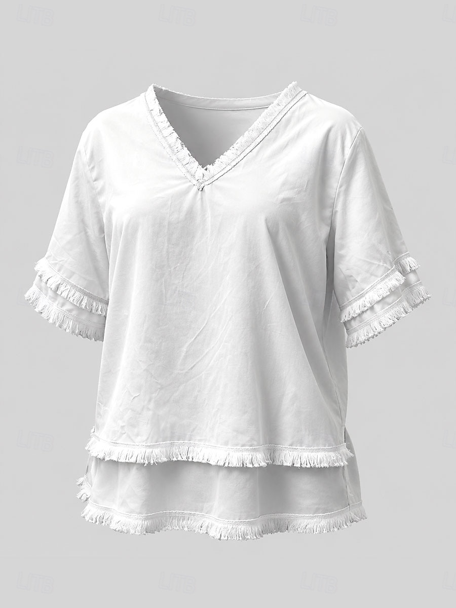 Dame Bluse Helfarge Årgang Stilfull Grunnleggende Kortermet V-hals Vanlige topper Avslappet Daglig Blå Svart Hvit Gul Rosa Sommer Vår 2026 - $27.99 –P4