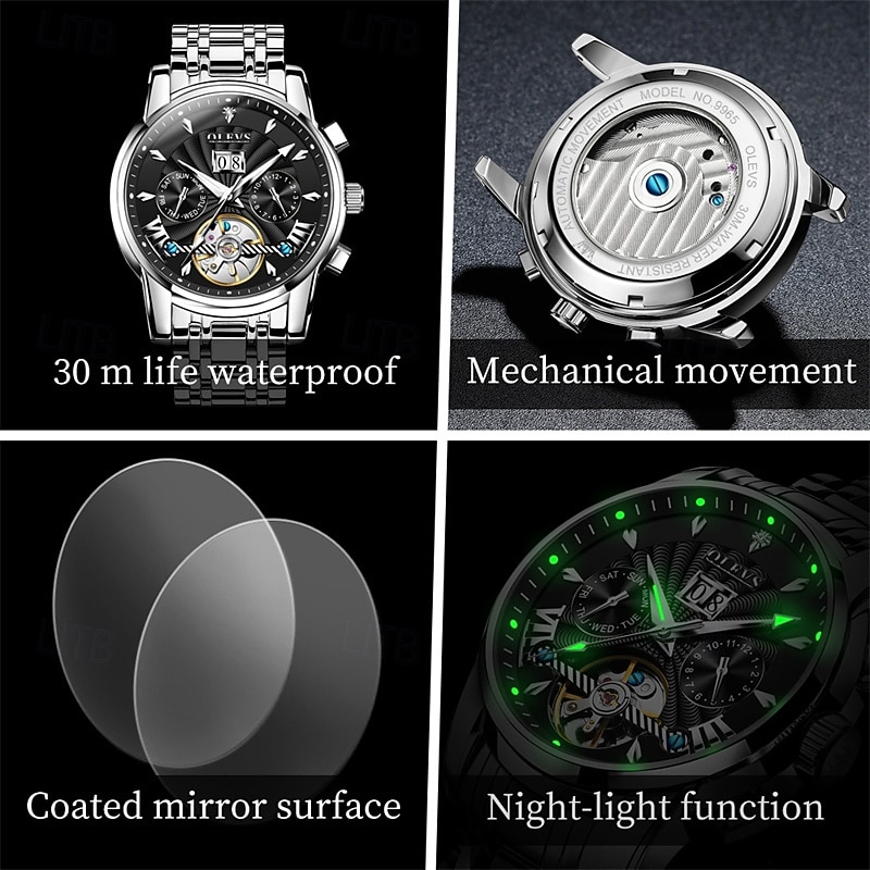 Men's Luxury Automatic Mechanical Watch, Two Tone Stainless Steel, Blue Dial Skeleton Tourbillon Style, Self-Winding Business Wristwatch with Big Date Day 24H Waterproof Luminous Gift for Him 2026 - $96.99 –P14
