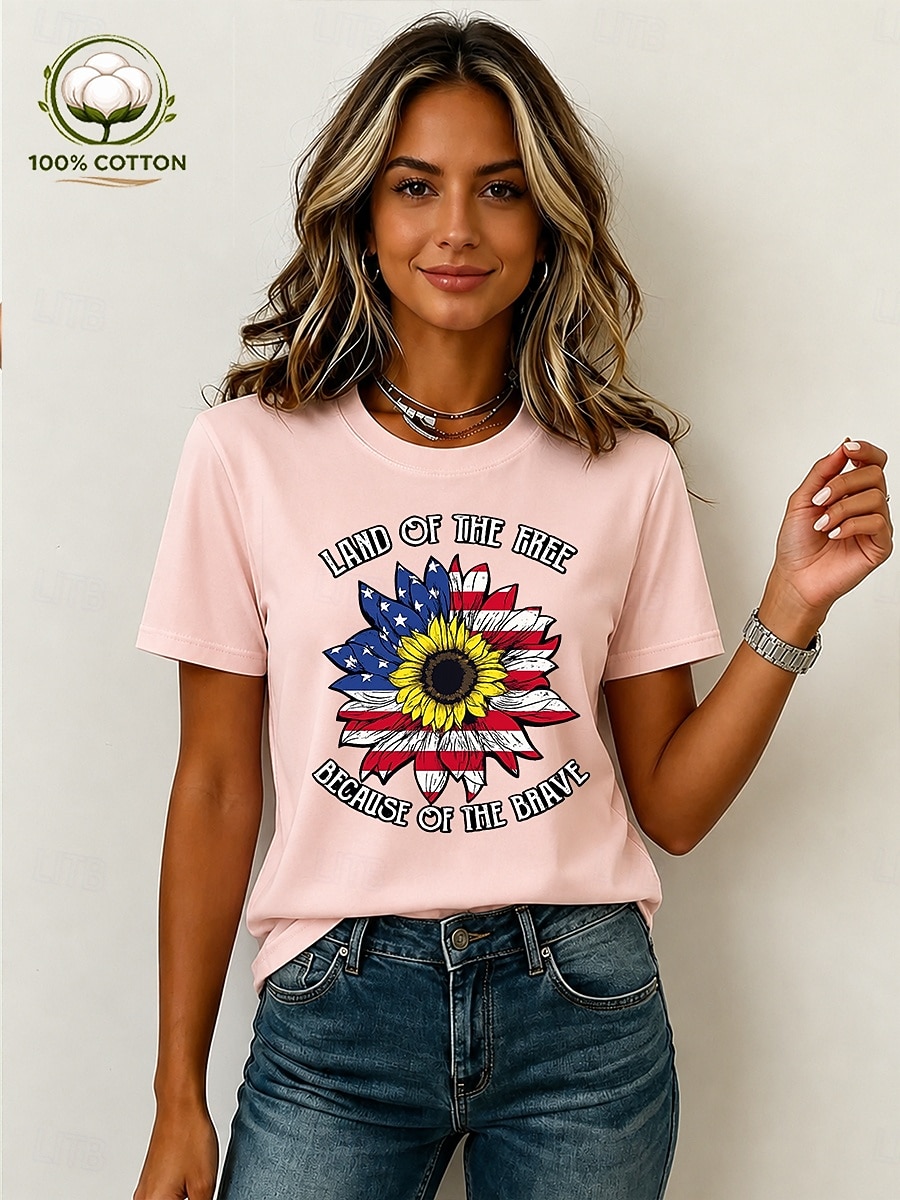 Dia da Independência Americana Mulheres 100% Algodão Camiseta Imprimir Gráfico Bandeira americana Vintage à moda Casual Manga Curta Gola Redonda Tops regulares Casual Diário Final de semana Azul de 2026 por $21.99 –P3