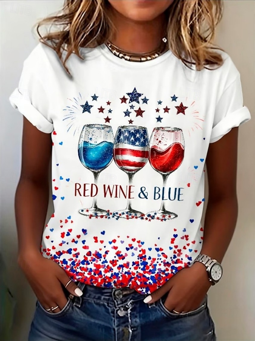 día de la independencia americana Mujer Camiseta Estampado Graphic Bandera Letra Vintage Moda Elegante Manga Corta Cuello Barco Escote Redondo Tops largos Casual Diario Fin de semana Blanco Blanco 2 2026 - $21.99 –P1
