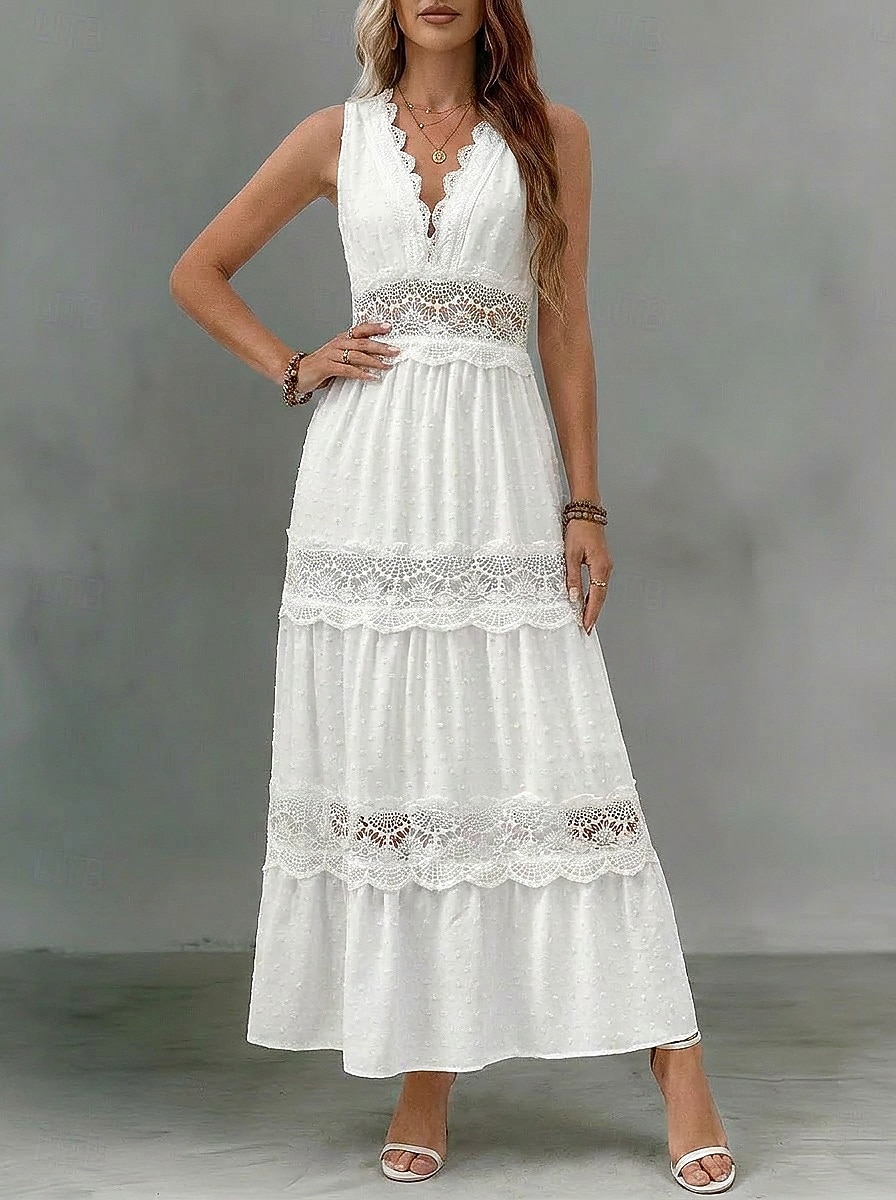 Pentru femei Rochie Maxi Rochie de dantela Rochie albă Elegant Modă Plajă Vacanță Concediu Fit regulat Simplu Fără manșon V Adânc Alb Vară Primăvară 2026 - $36.99 –P1