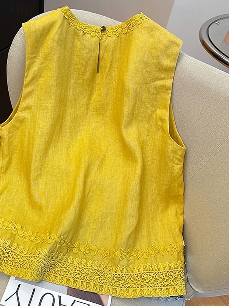 Mulheres Camisa Social Blusa Franzido Bordado Vintage Sem Manga Gola Redonda Tops regulares Azul Branco Amarelo Azul Marinha Verão Primavera de 2026 por $22.99 –P2