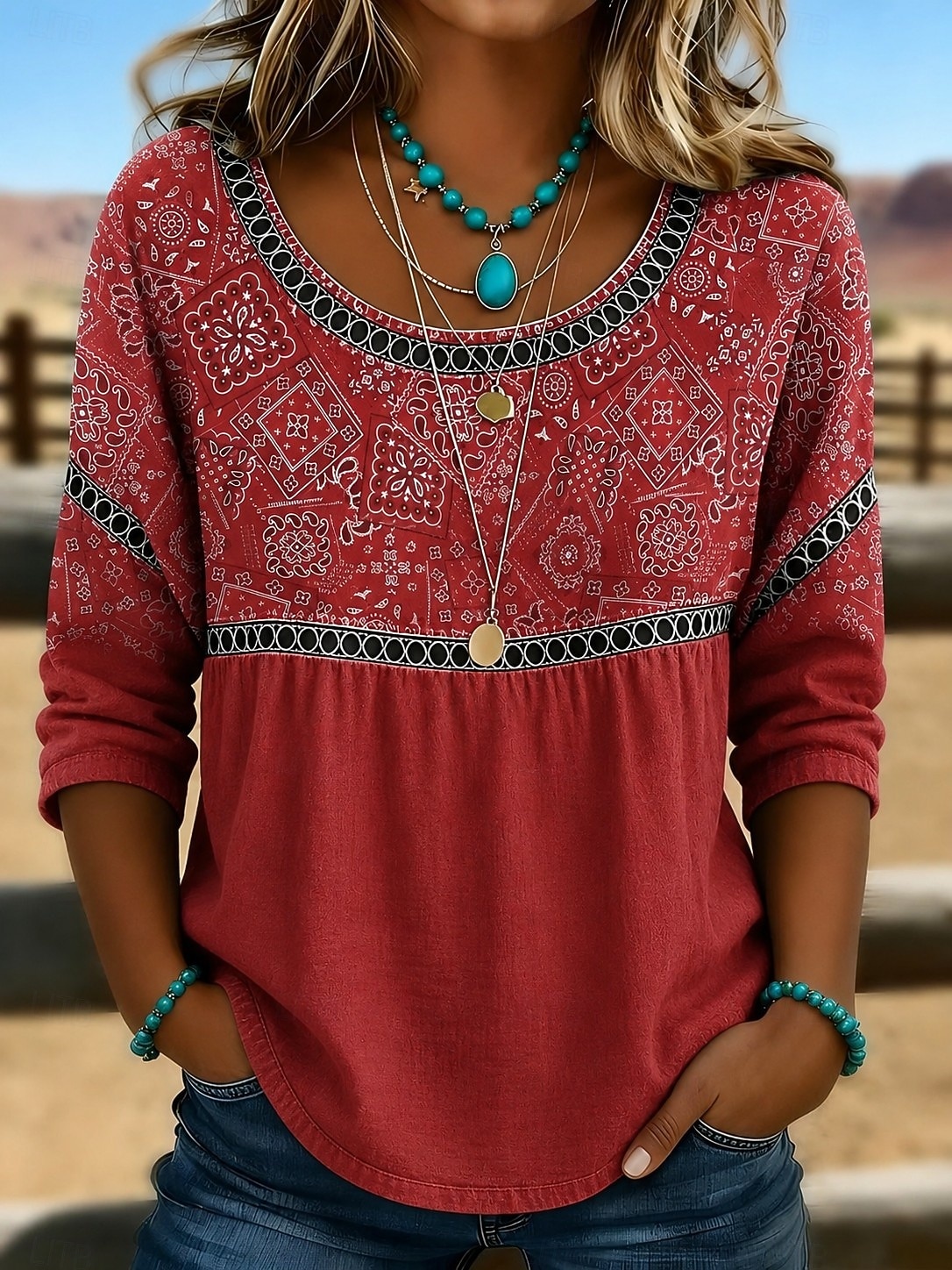 Dames Overhemd Oogje top Normaal shirt Lapwerk Knop Afdrukken Elegant Bohemen Vakantie Lange mouw Strakke ronde hals Normale tops Casual blauw Lichtgroen Rood Groen Zomer Lente Herfst Winter 2026 - $26.99 –P1