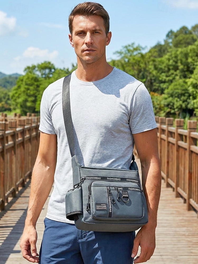 Bolsa transversal masculina em nylon, bolsa de ombro com vários bolsos e porta-garrafa, mochila casual para atividades ao ar livre. &uso diário de 2026 por $18.99 –P1