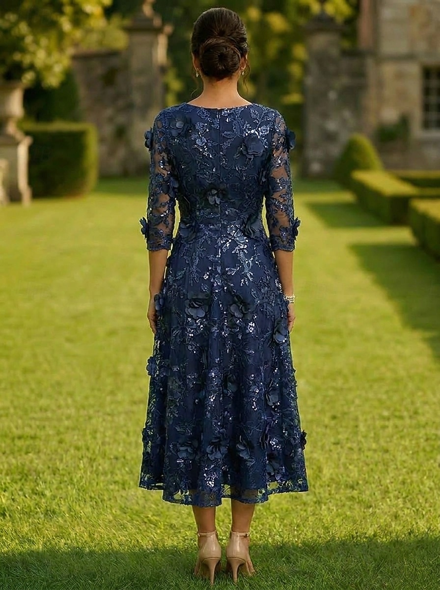 Linha A Longuette Vestido de renda Vestido Para Mãe dos Noivos Manga Longa Decote V Elegante Vintage Formal Convidado do casamento Festa de Casamento Cetim Renda com Flores 3D Lantejoulas Bordado de 2026 por $171.99 –P3