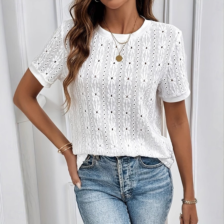 Women's Lace Tops Lace Elegant Bohemia Tropical Short Sleeve Crew Neck Regular Tops Casual Daily Going out White Summer Spring 2026 - $22.99 –P5