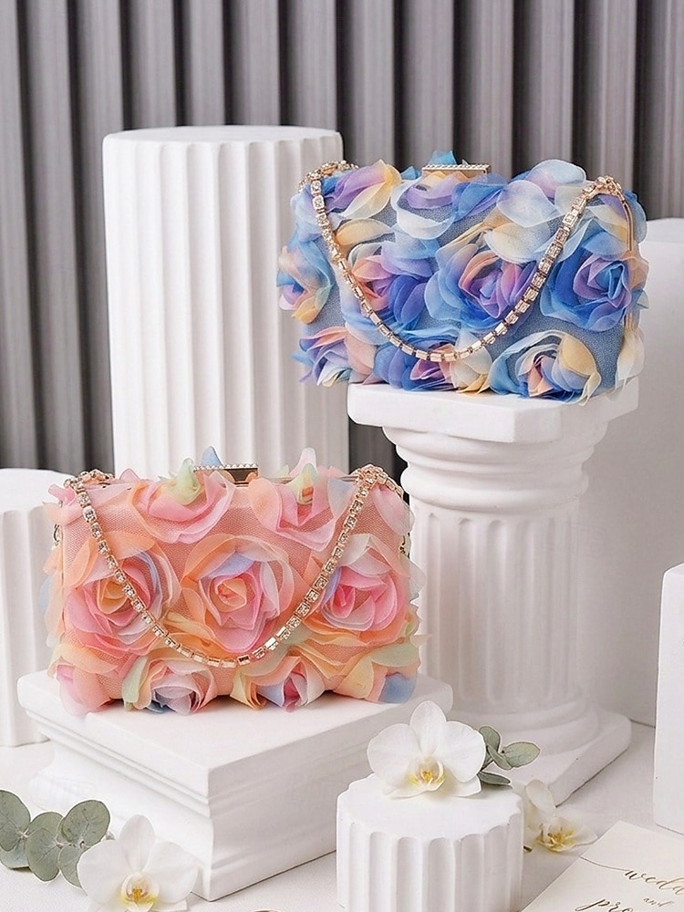 Elegant dameclutch med blomstermotiv, 3D-blomster og gullkjede, sofistikert håndveske til bryllup, cocktail og spesielle anledninger for damer. 2026 - $32.99 –P1